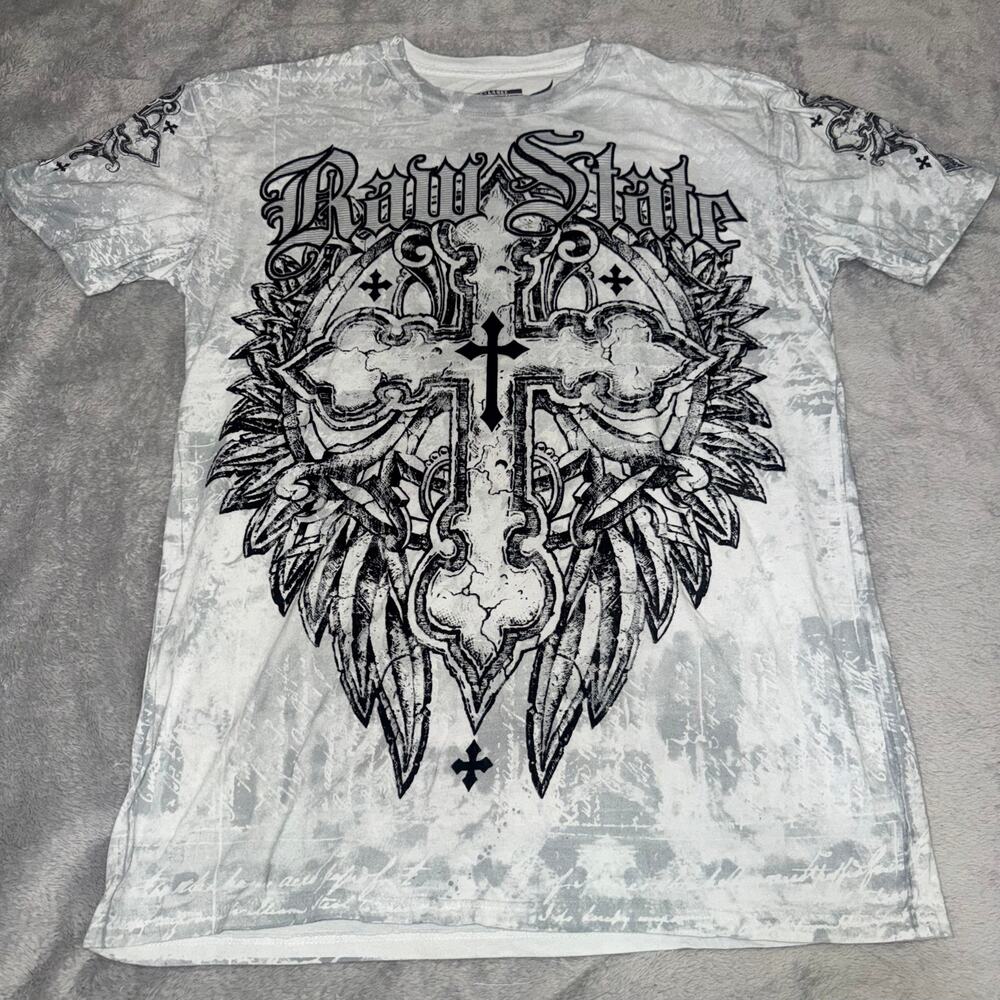Raw State Premium Gothic Cross Wings All Over Print T-Shirt Men’s XL White